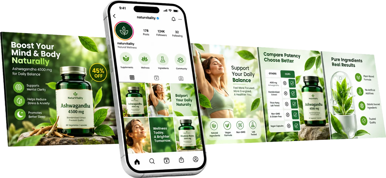 Contenido para redes sociales de NaturVitality: perfil de Instagram y posts