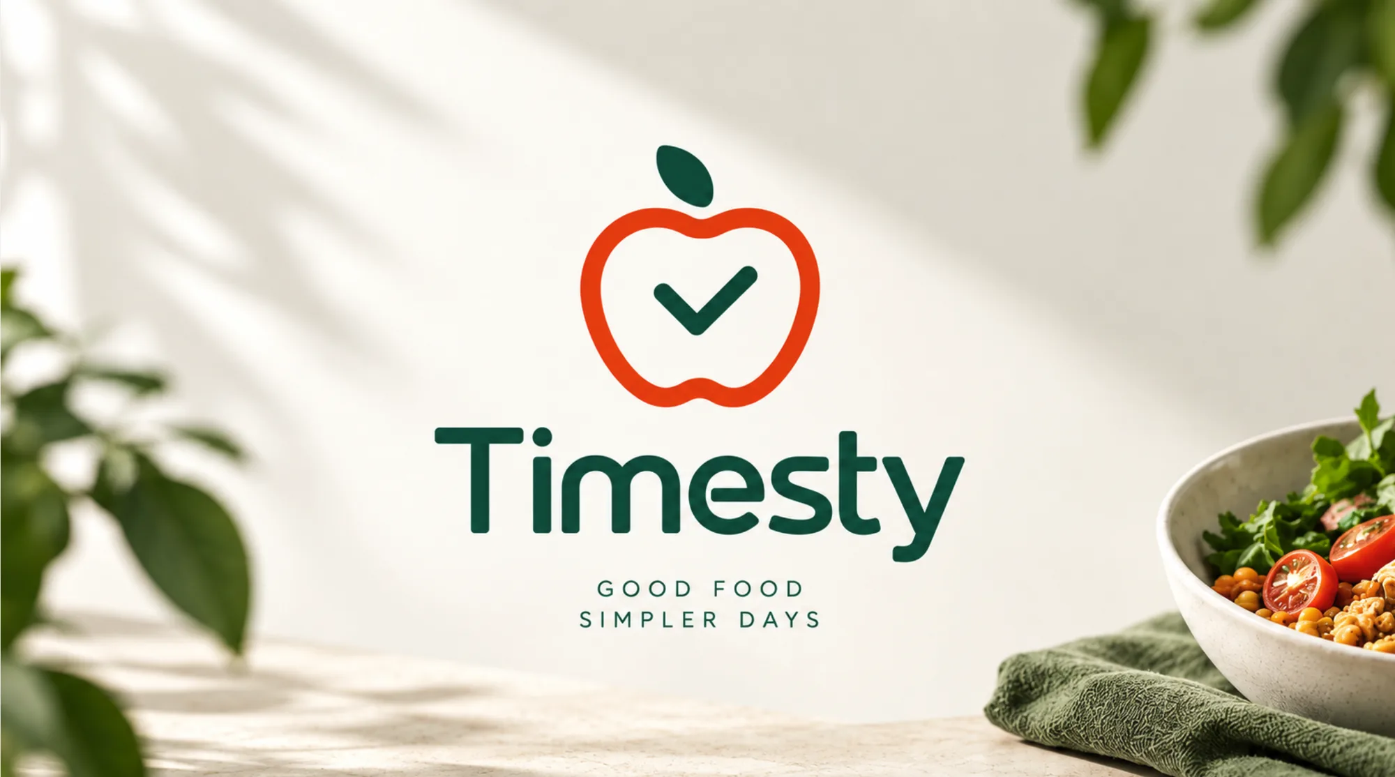 Logotipo Timesty: manzana con check, wordmark y tagline Good food, simpler days